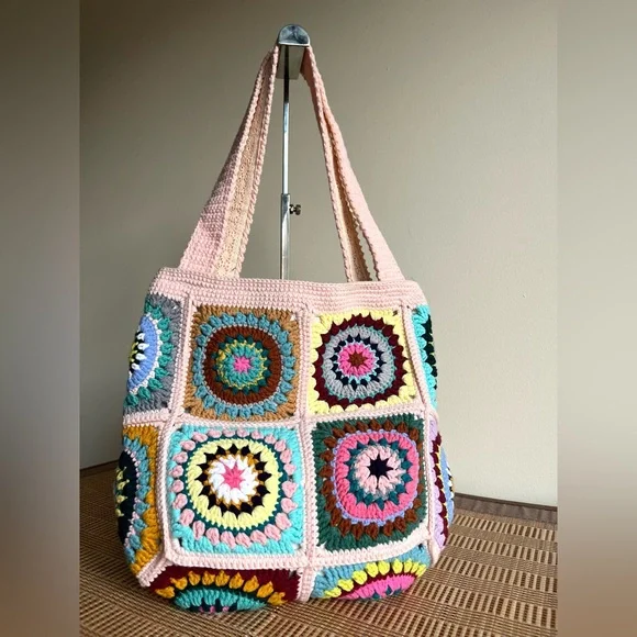 Handmade Crochet Granny Square Tote Bag - Picture 3 of 8